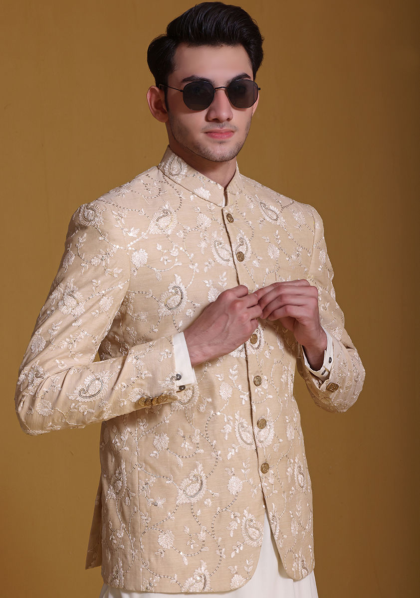 Cream Embroidered Cotton Net Prince Coat (3-Piece) - Image 3