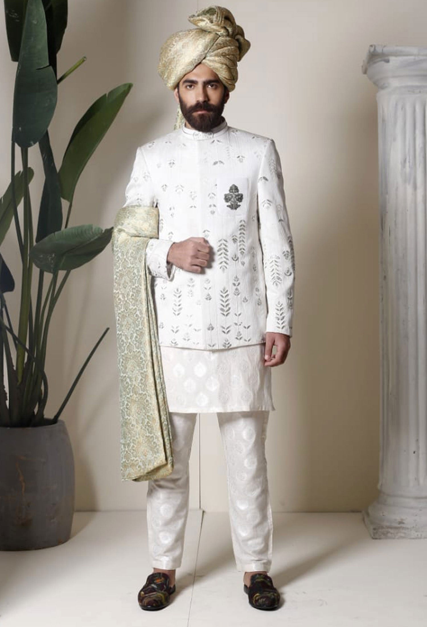 Off White Embossed Cotton Net Prince Coat (3-Piece) - Image 1