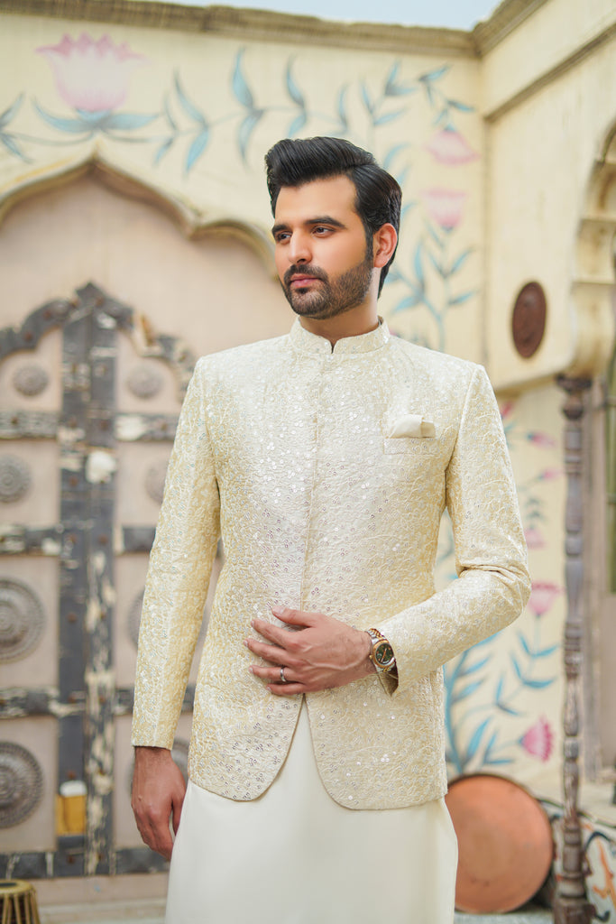 Ivory Beige Sequin Cotton-Silk Prince Coat (3-Piece) - Image 1