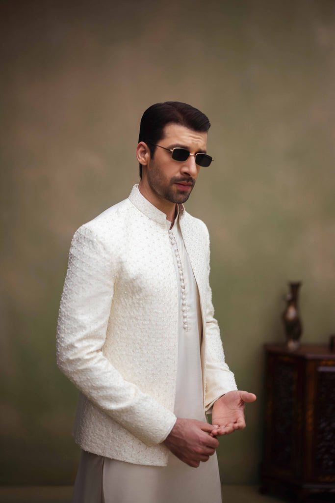 Ivory Cutdana Cotton Silk Prince Coat (3-Piece) - Image 1