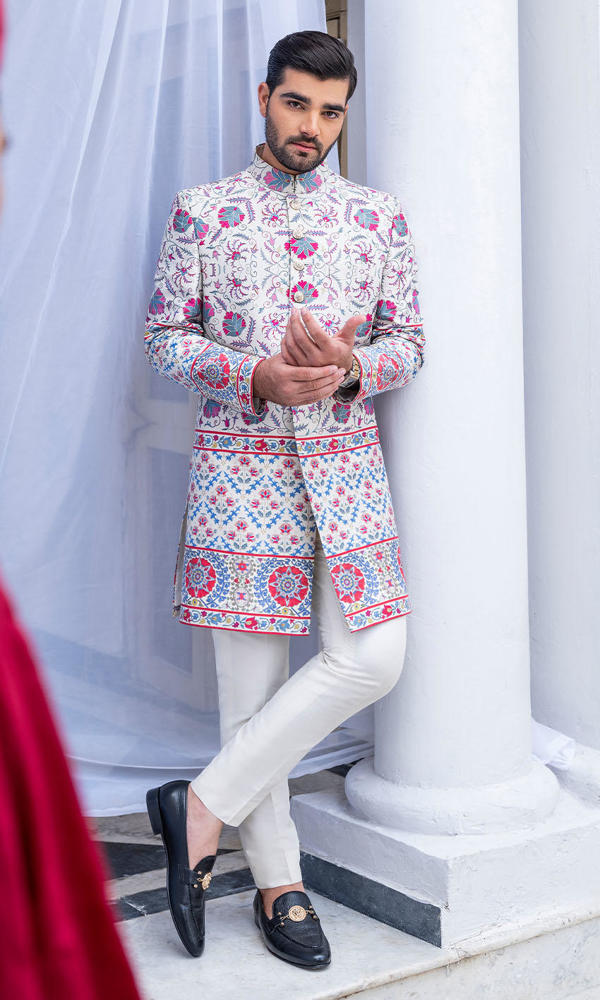 Ivory Multicolour Embroidered Cotton-Silk Prince Coat (2-Piece) - Image 2