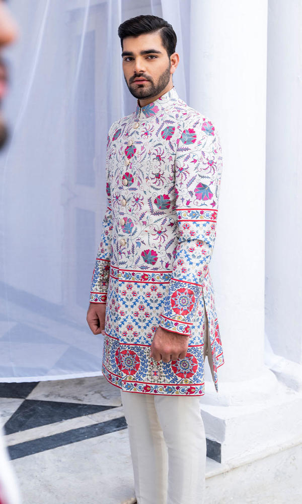 Ivory Multicolour Embroidered Cotton-Silk Prince Coat (2-Piece) - Image 3