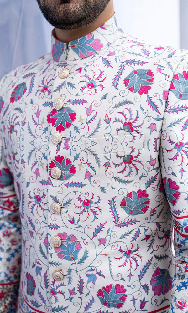Ivory Multicolour Embroidered Cotton-Silk Prince Coat (2-Piece) - Image 4