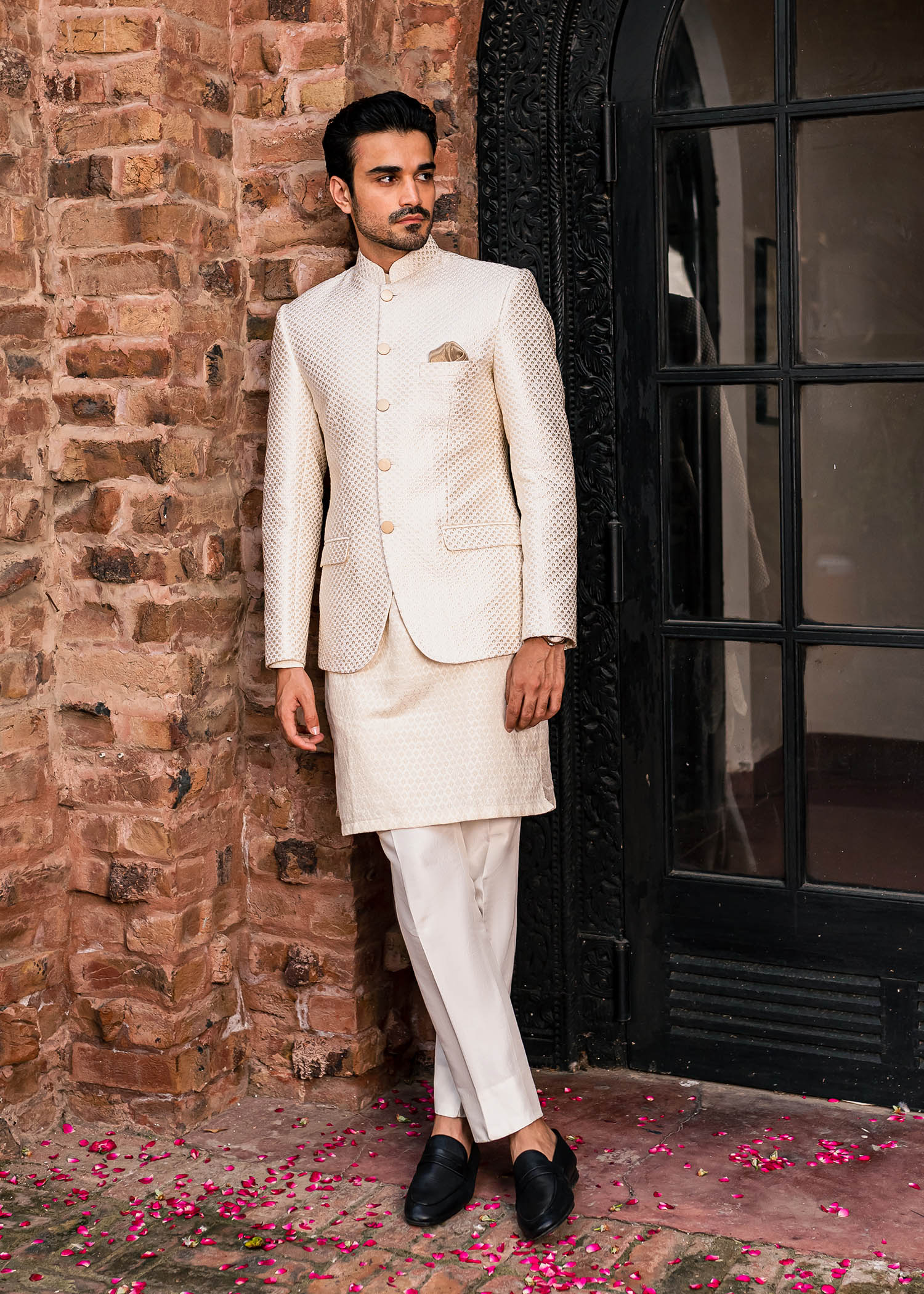Ivory Silk Thread Jaal Cotton Prince Coat (3-Piece) - Image 1