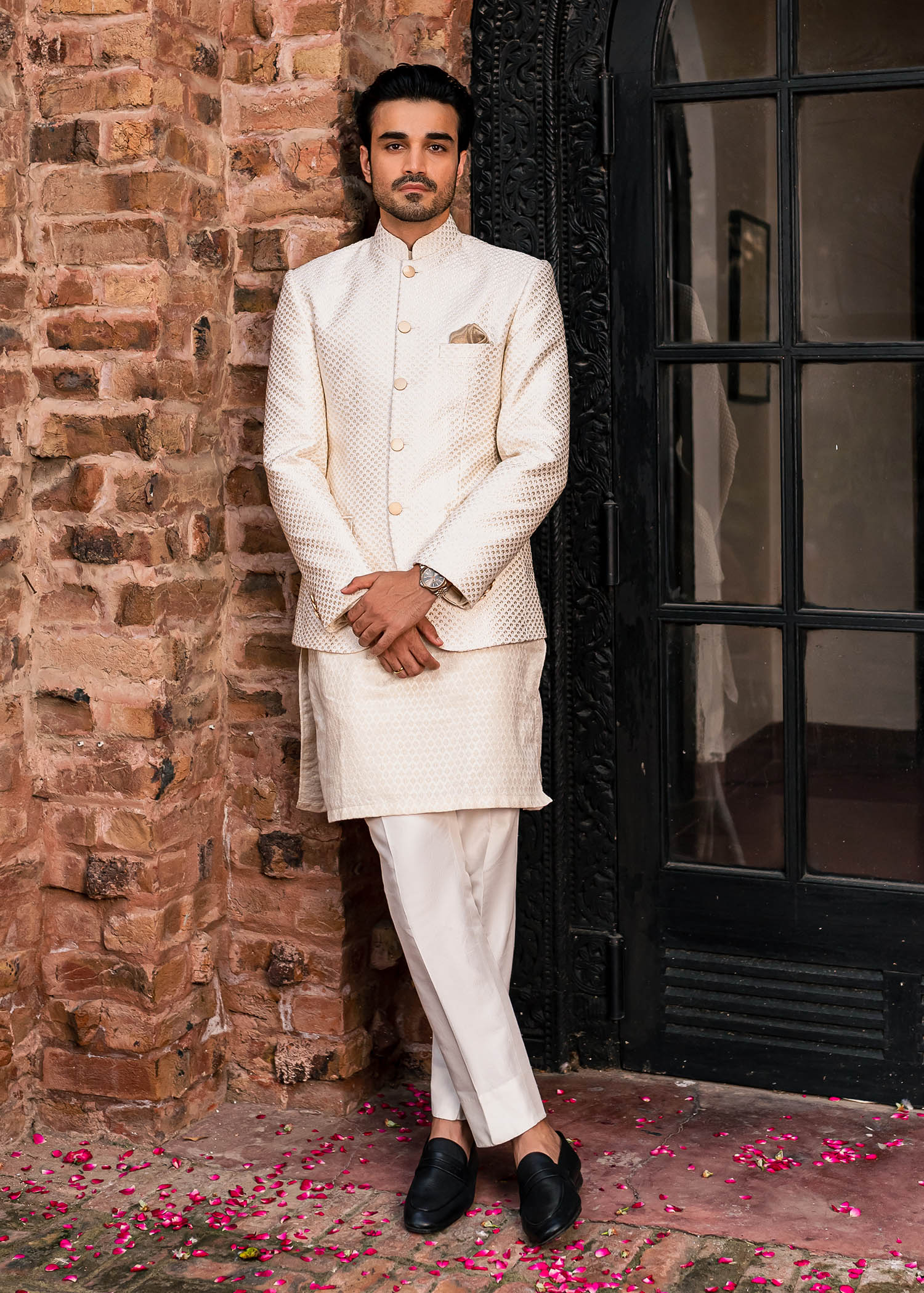 Ivory Silk Thread Jaal Cotton Prince Coat (3-Piece) - Image 2
