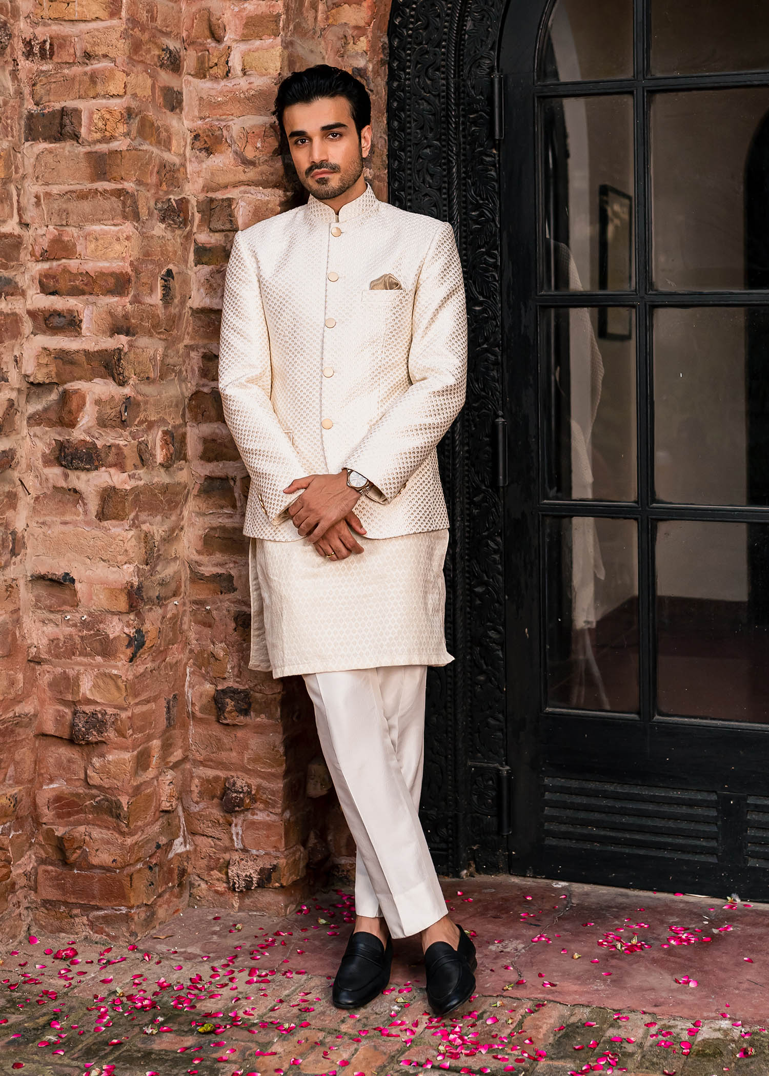 Ivory Silk Thread Jaal Cotton Prince Coat (3-Piece) - Image 3