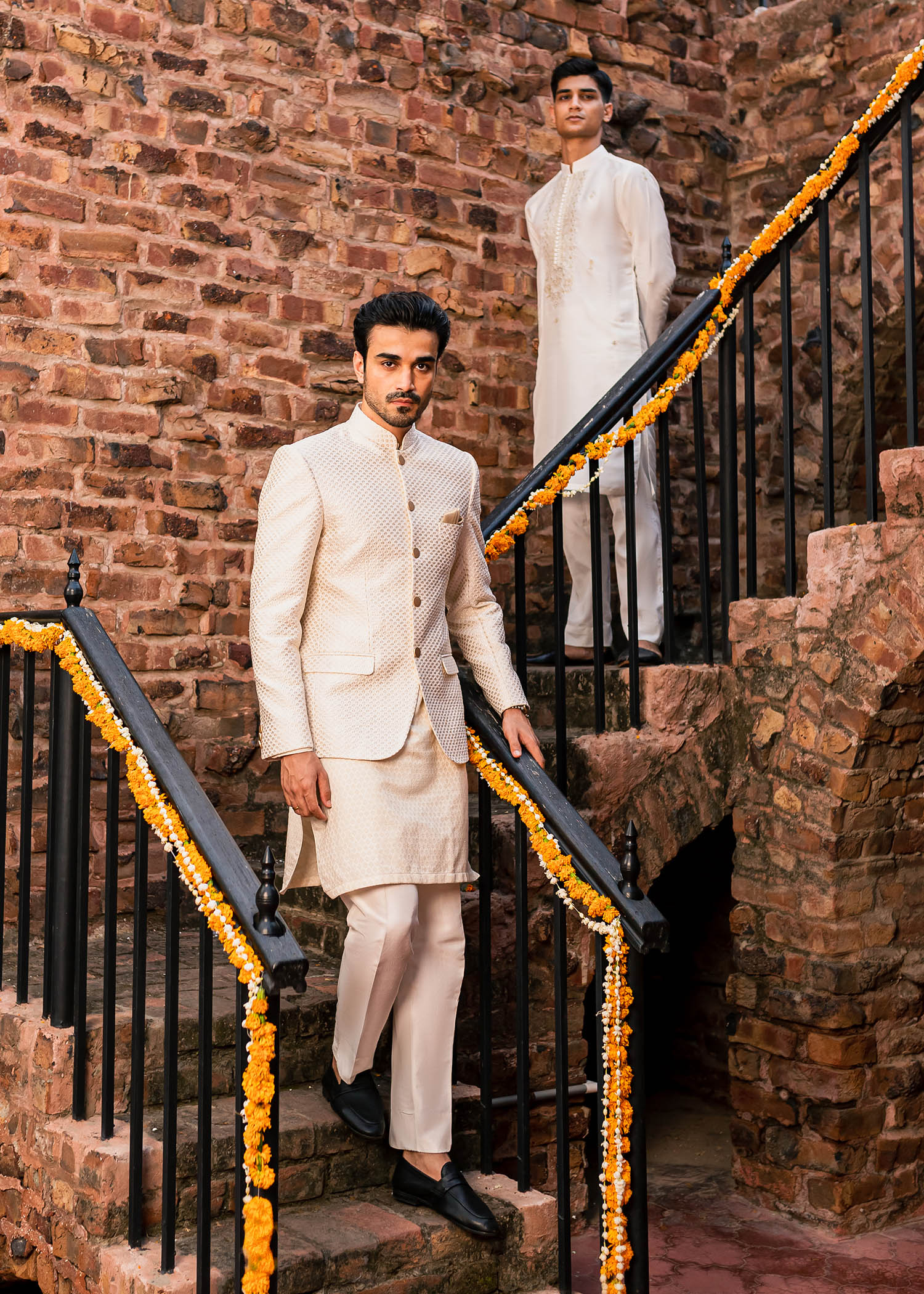 Ivory Silk Thread Jaal Cotton Prince Coat (3-Piece) - Image 4