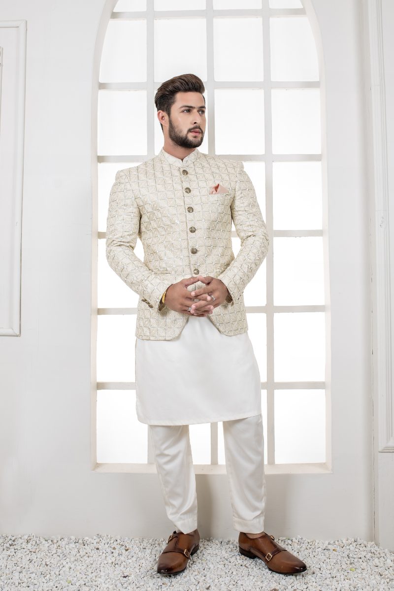 Ivory Geometric Embroidered Cotton Prince Coat (3-Piece) - Image 1