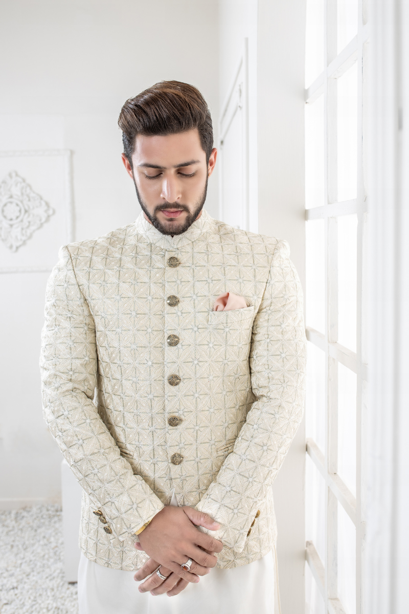 Ivory Geometric Embroidered Cotton Prince Coat (3-Piece) - Image 2