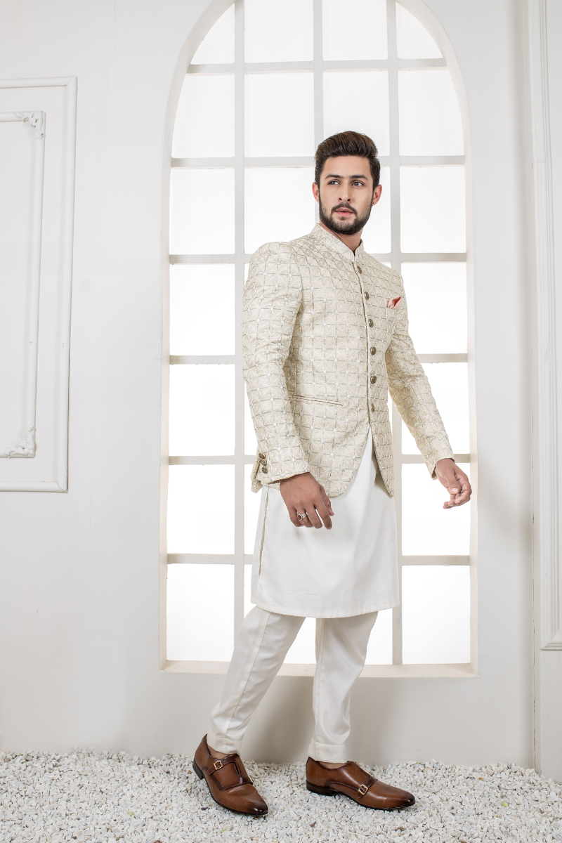 Ivory Geometric Embroidered Cotton Prince Coat (3-Piece) - Image 3