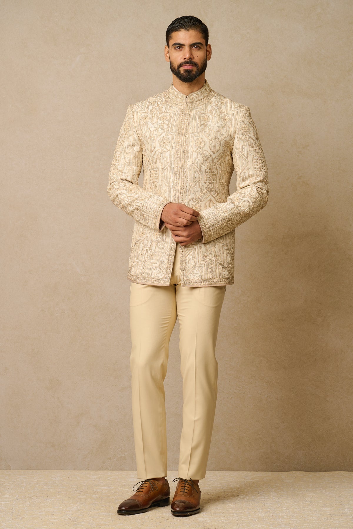 Ivory Aari & Zari Silk Bandhgala Suit (3-Piece) - Image 1
