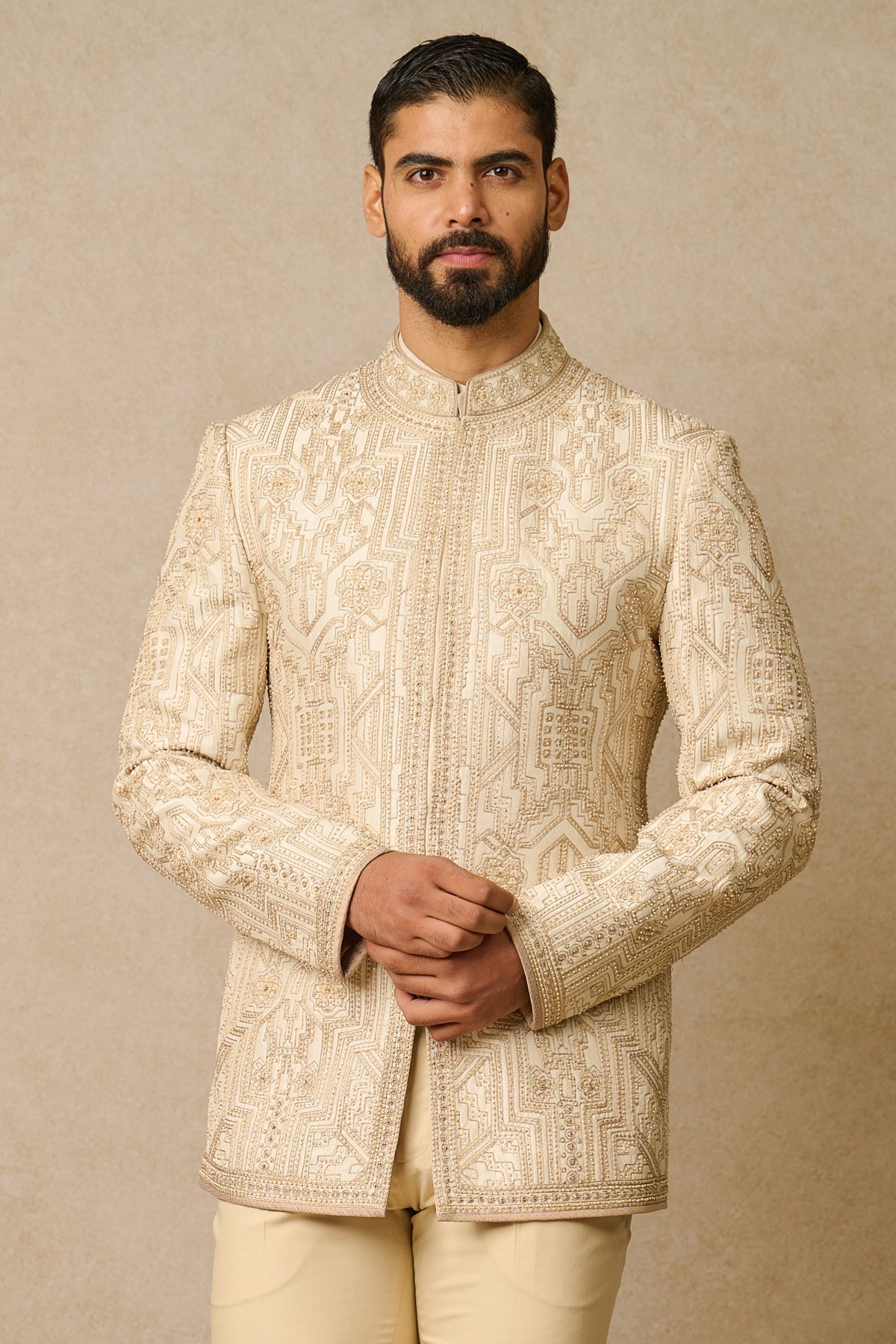 Ivory Aari & Zari Silk Bandhgala Suit (3-Piece) - Image 3