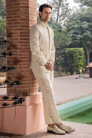 Ivory Gold Embellished Silk Prince Coat (2-Piece) - Image 2