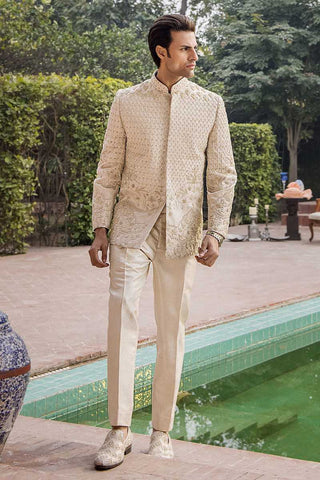 Ivory Gold Embellished Silk Prince Coat (2-Piece) - Image 3