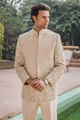 Ivory Gold Embellished Silk Prince Coat (2-Piece) - Image 4