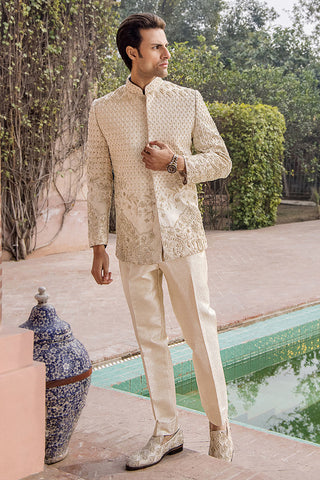 Ivory Gold Embellished Silk Prince Coat (2-Piece) - Image 5