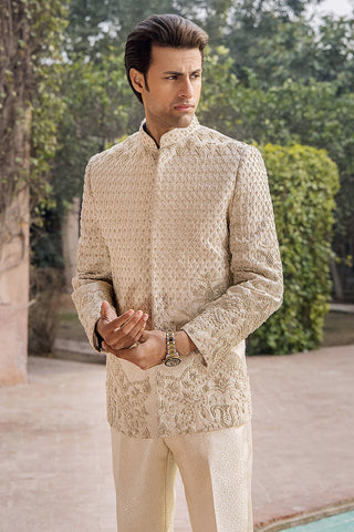 Ivory Gold Embellished Silk Prince Coat (2-Piece) - Image 6