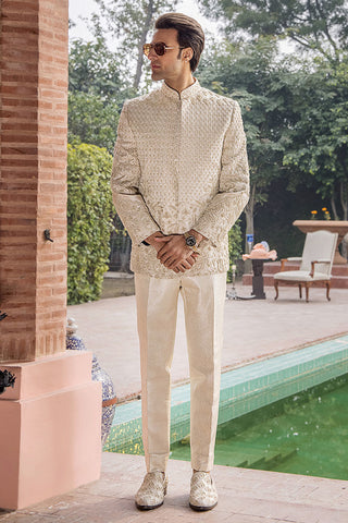 Ivory Gold Embellished Silk Prince Coat (2-Piece) - Image 7