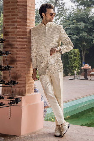 Ivory Gold Embellished Silk Prince Coat (2-Piece) - Image 8