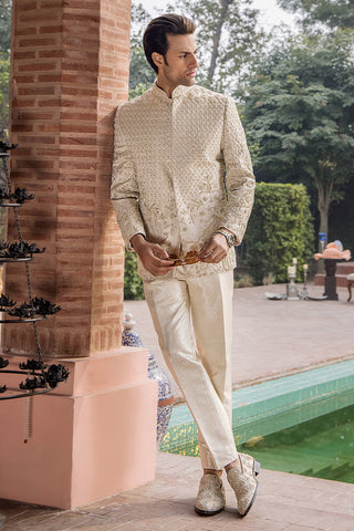 Ivory Gold Embellished Silk Prince Coat (2-Piece) - Image 9