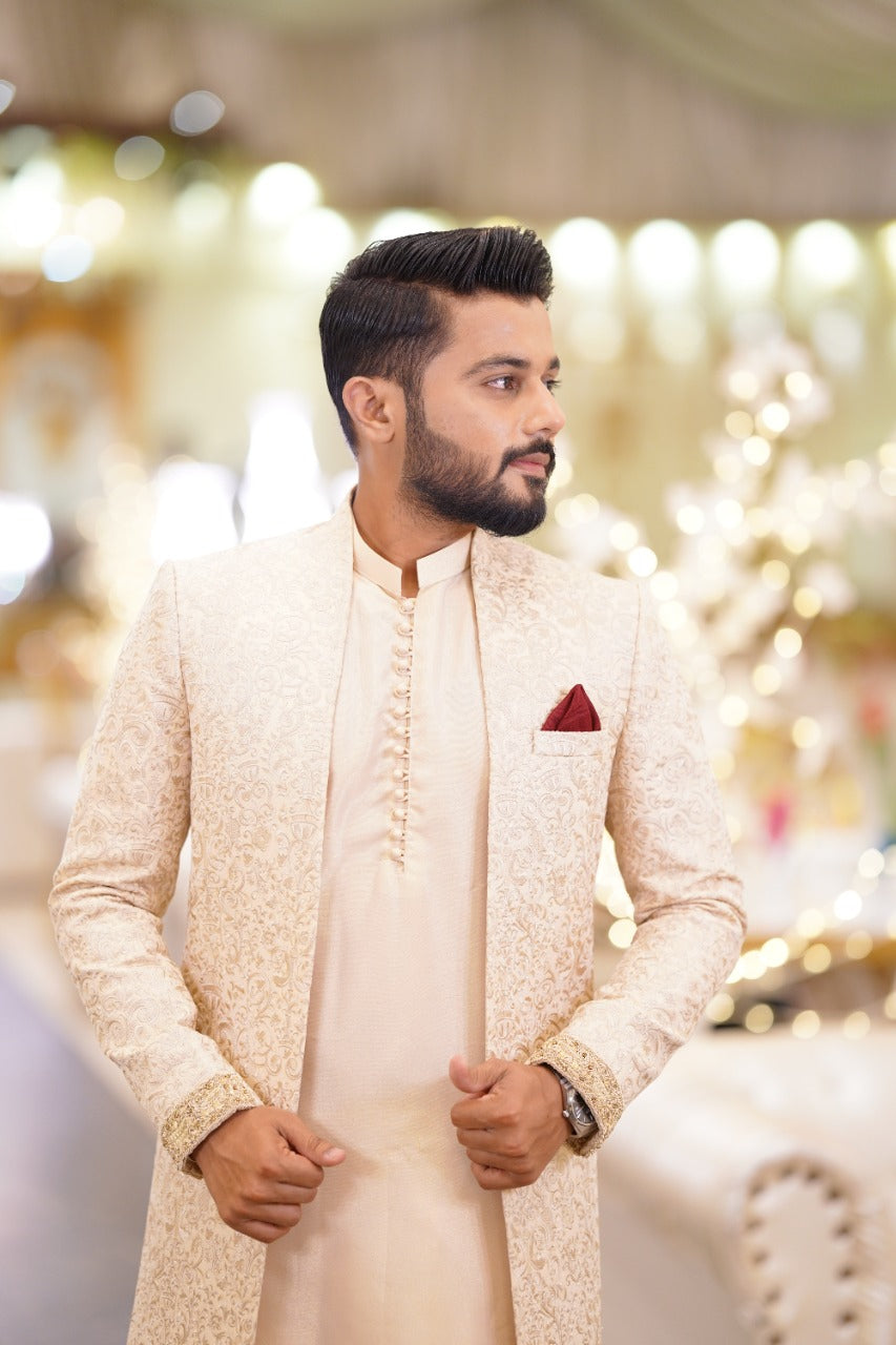 Ivory Jacquard Prince Coat 3-Piece with Embroidered Cuffs - Image 1