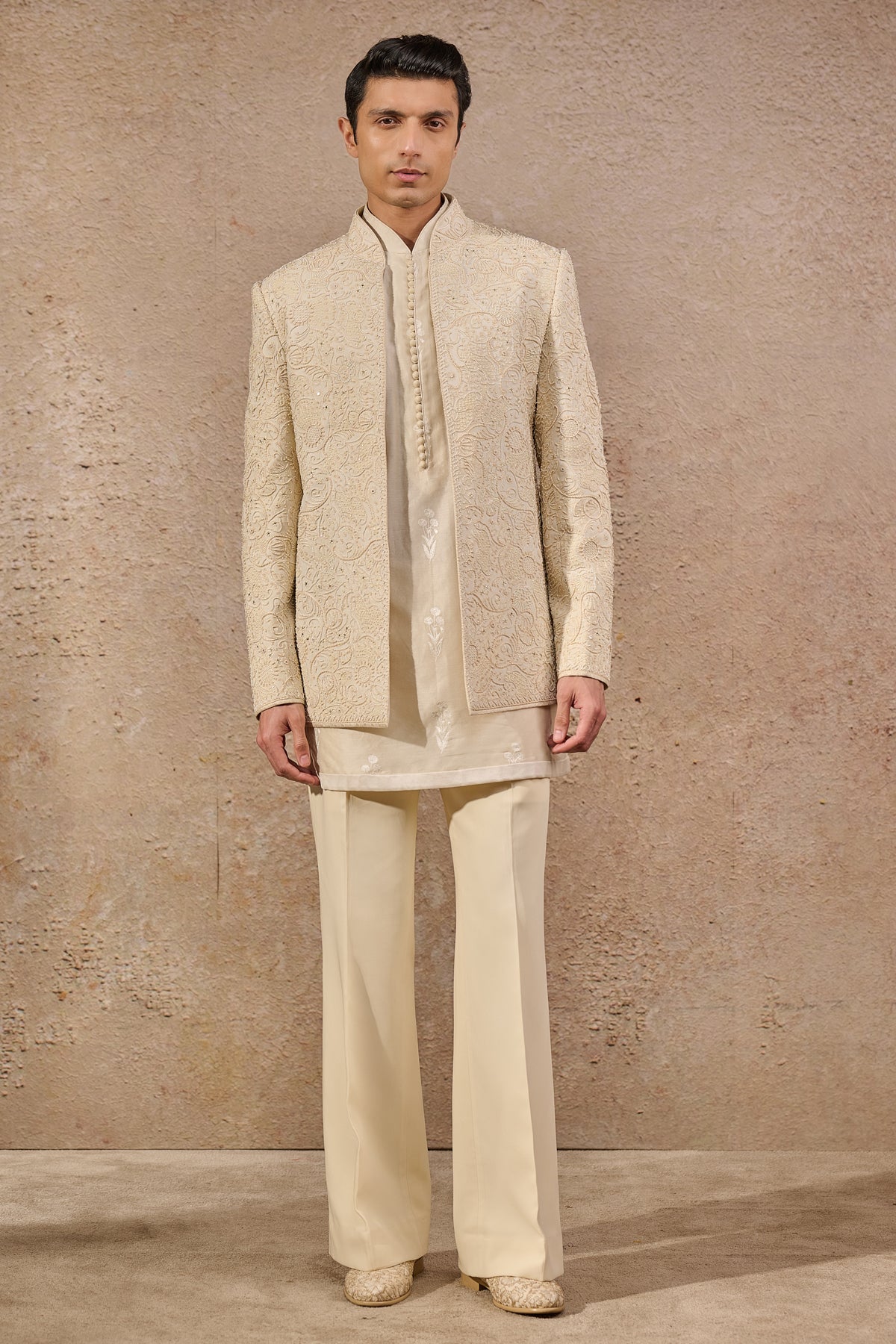 Ivory Hand-Embroidered Georgette Prince Coat (3-Piece) - Image 1