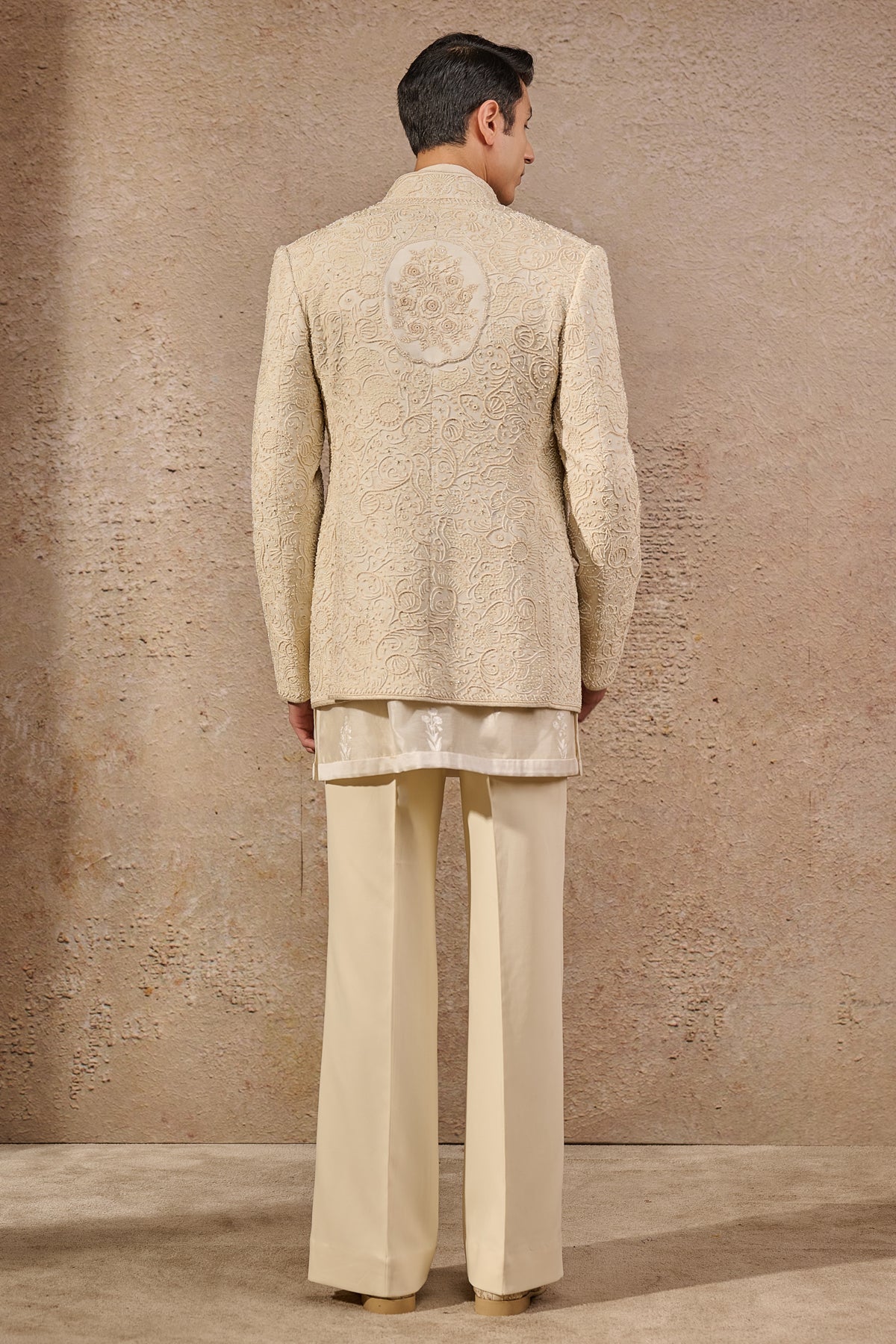 Ivory Hand-Embroidered Georgette Prince Coat (3-Piece) - Image 4