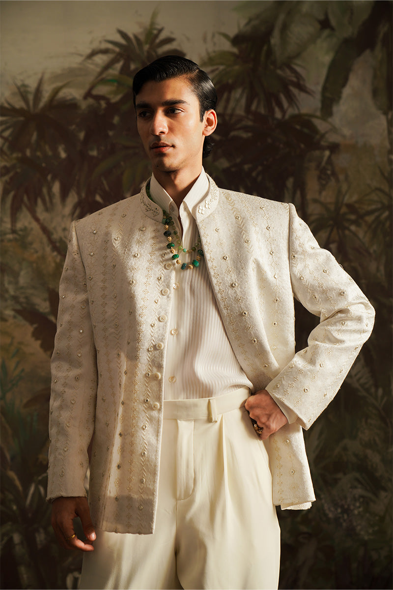 Ivory Embroidered Jacquard Bandhgala Prince Coat (2-Piece) - Image 2