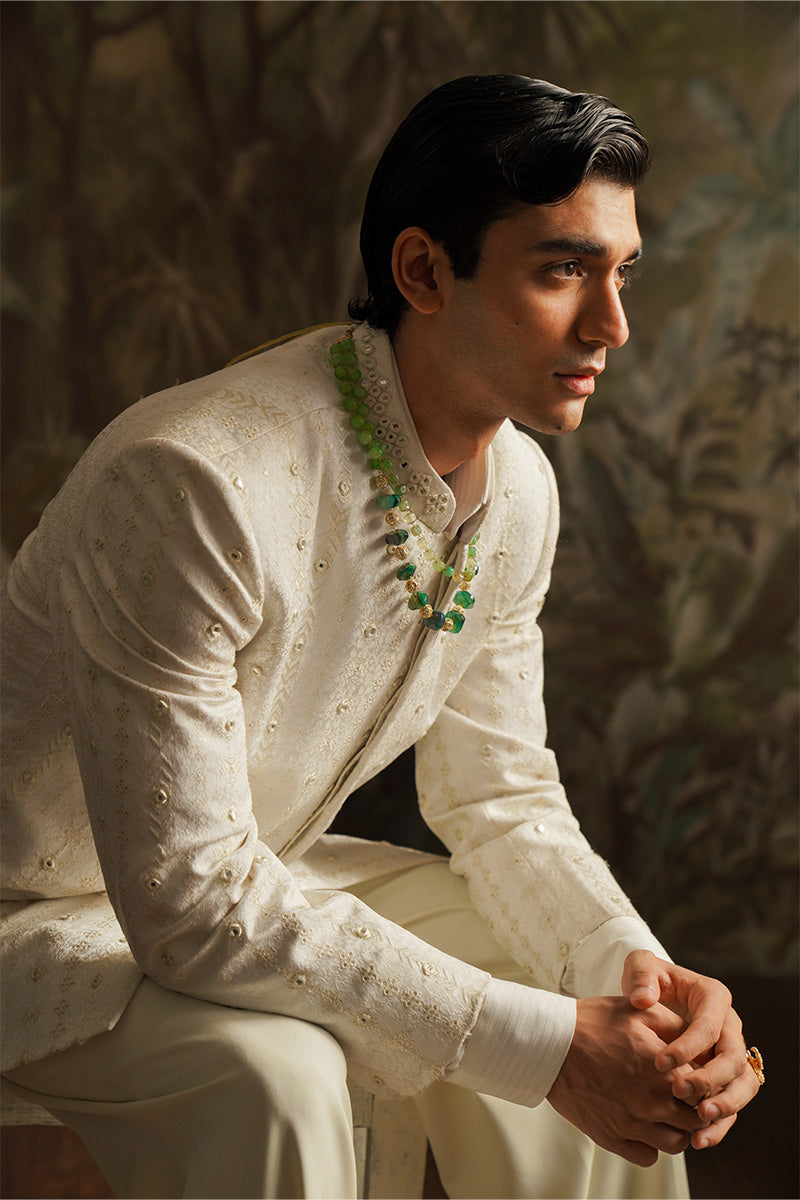 Ivory Embroidered Jacquard Bandhgala Prince Coat (2-Piece) - Image 6