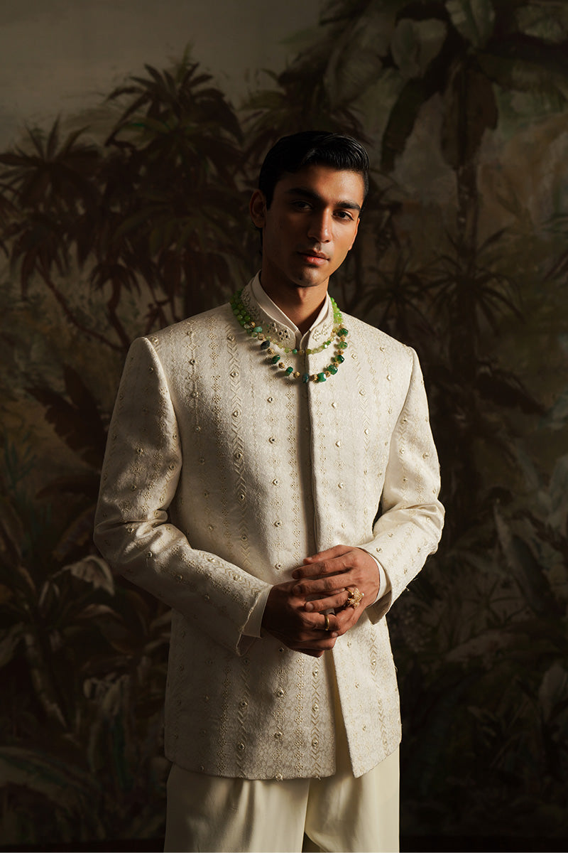 Ivory Embroidered Jacquard Bandhgala Prince Coat (2-Piece) - Image 1