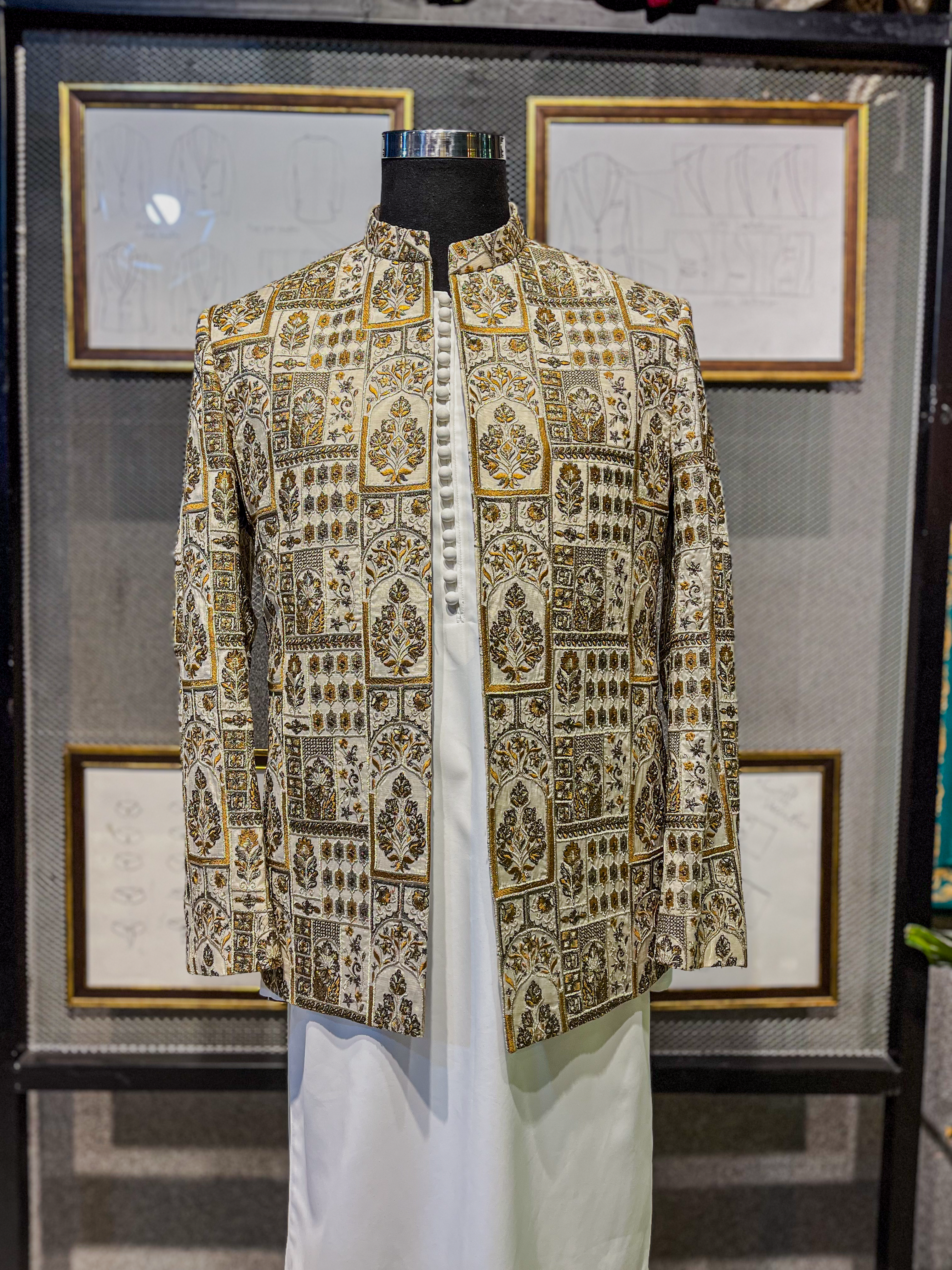 Ivory Gold Embroidered Jamawar Prince Coat (1-Pc) - Image 1