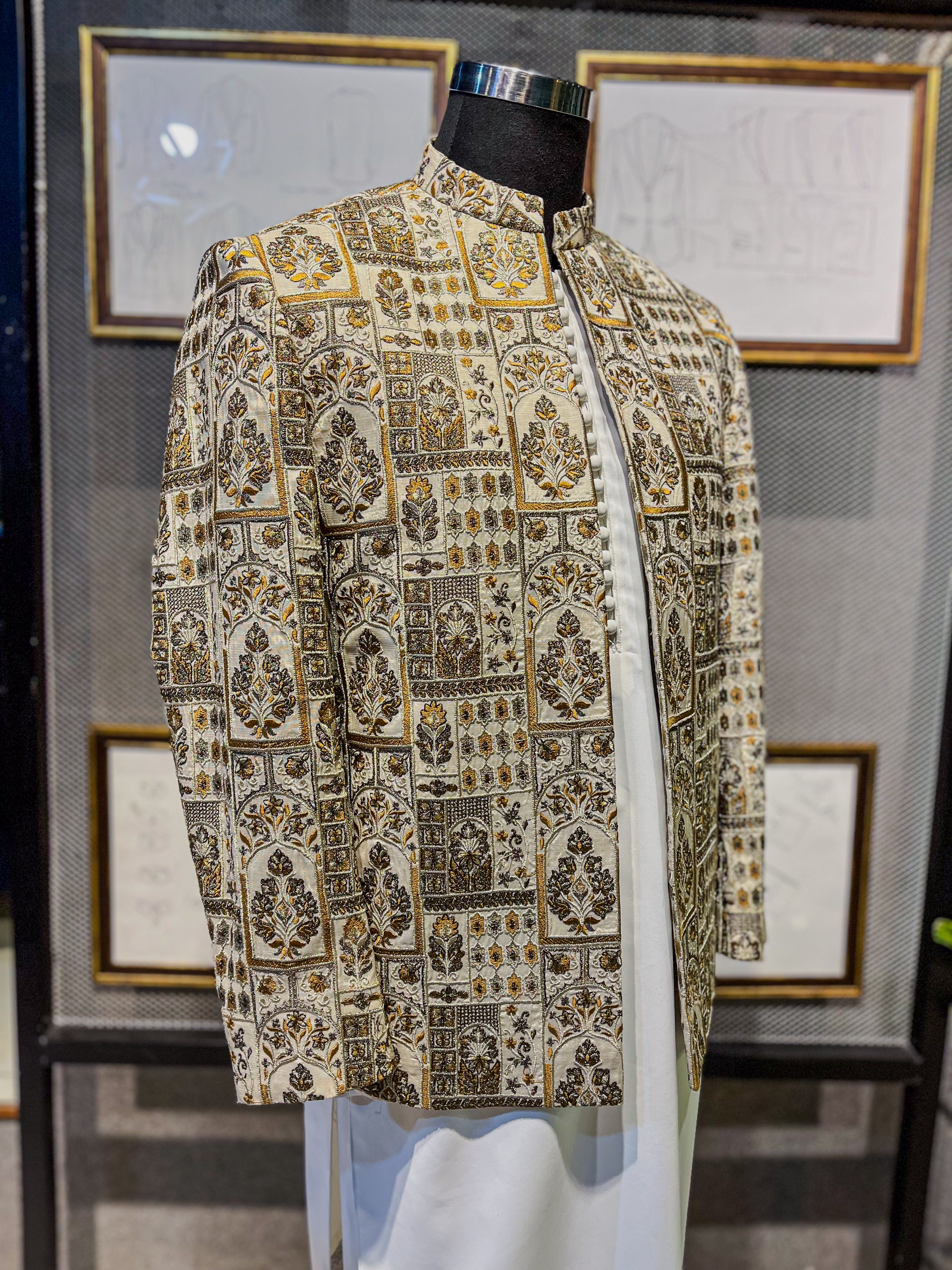 Ivory Gold Embroidered Jamawar Prince Coat (1-Pc) - Image 2