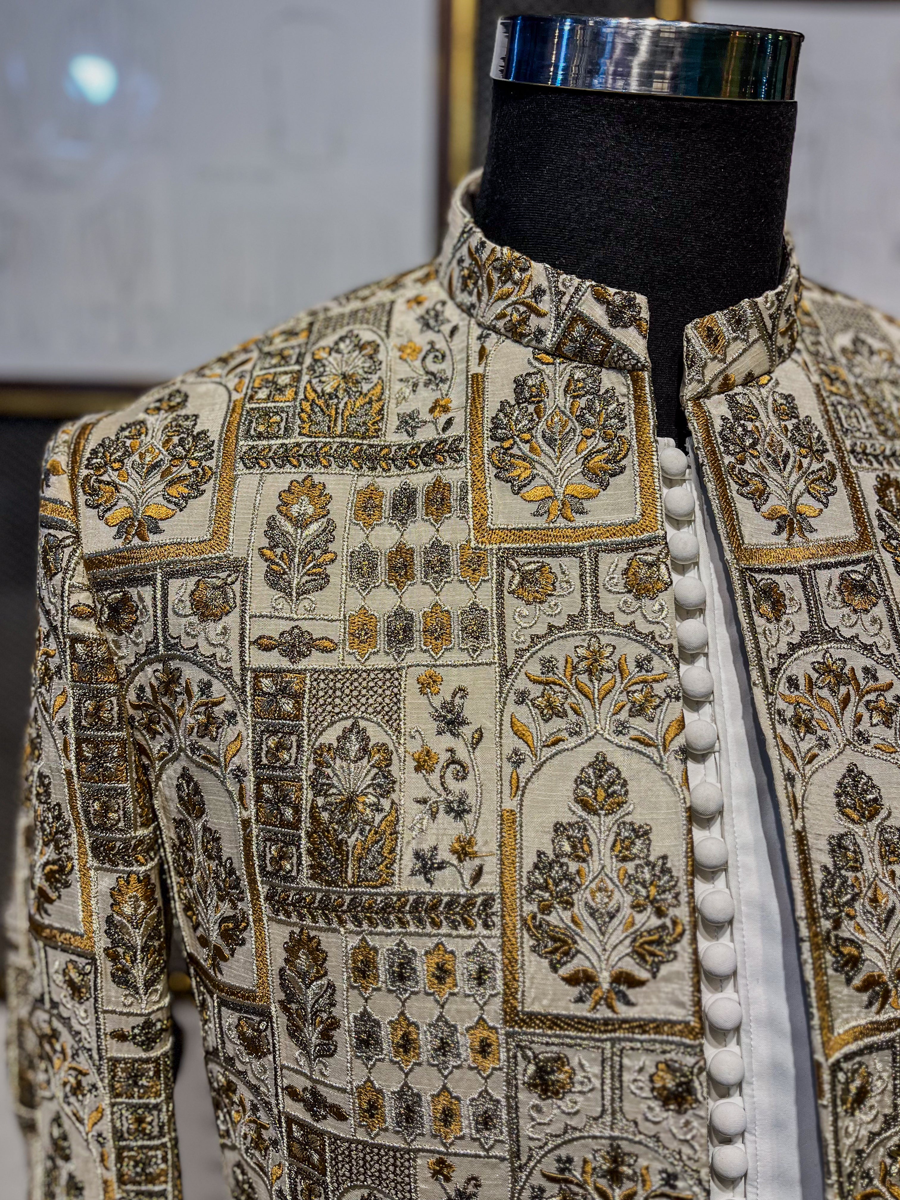 Ivory Gold Embroidered Jamawar Prince Coat (1-Pc) - Image 3