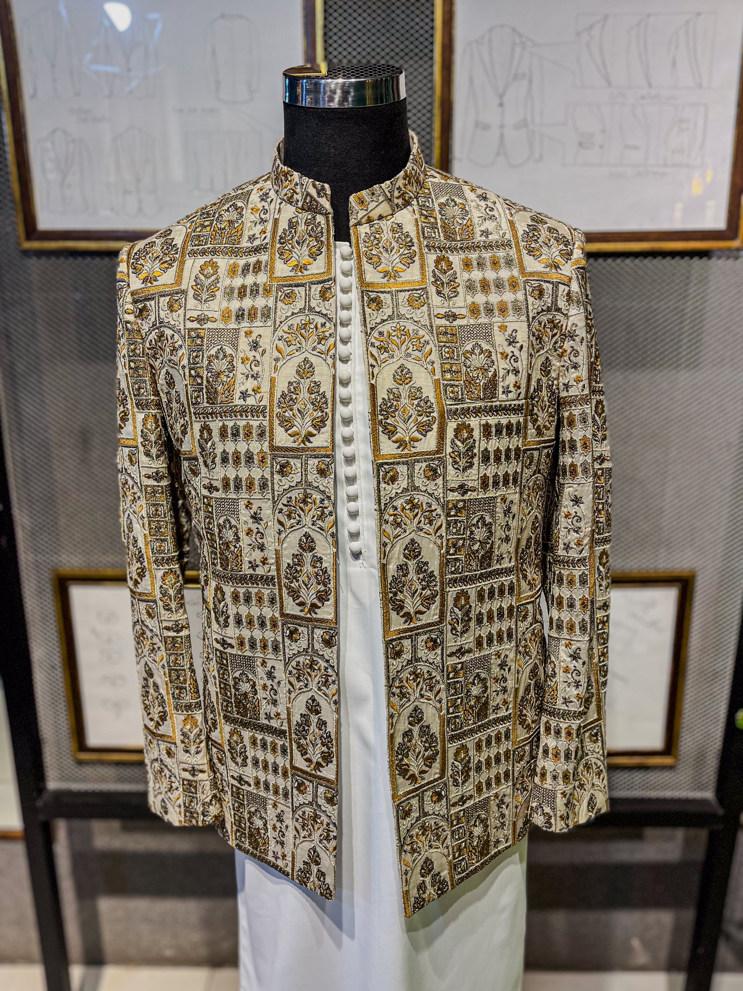 Ivory Gold Embroidered Jamawar Prince Coat (1-Pc) - Image 4