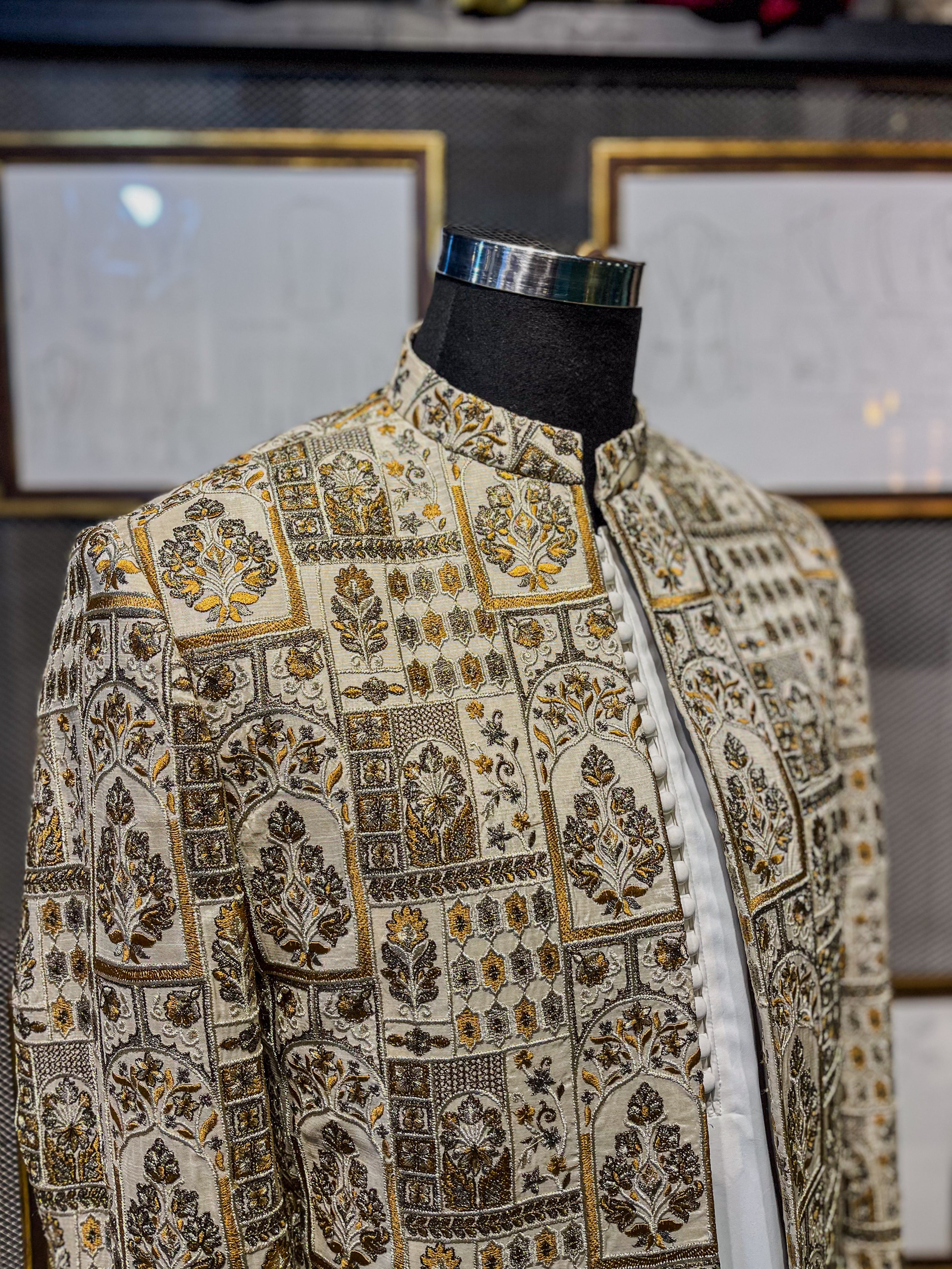 Ivory Gold Embroidered Jamawar Prince Coat (1-Pc) - Image 5