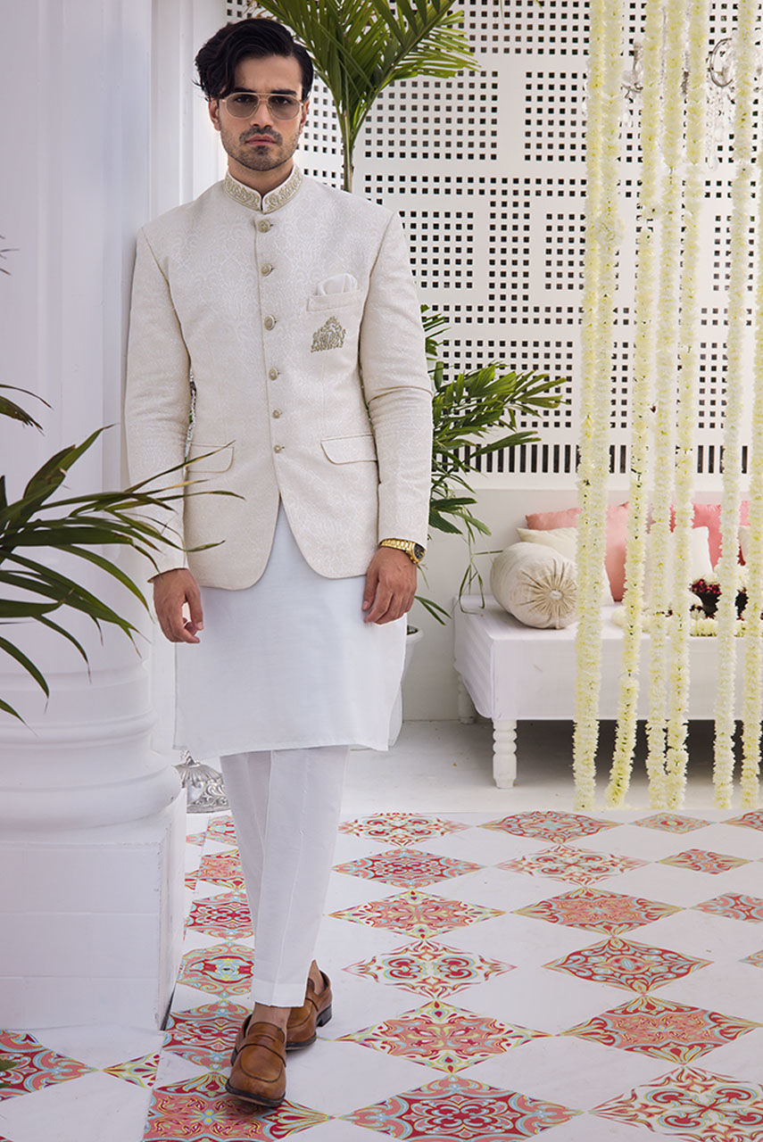 Off-White Hand-Embroidered Jamawar Prince Coat (3-Piece) - Image 1