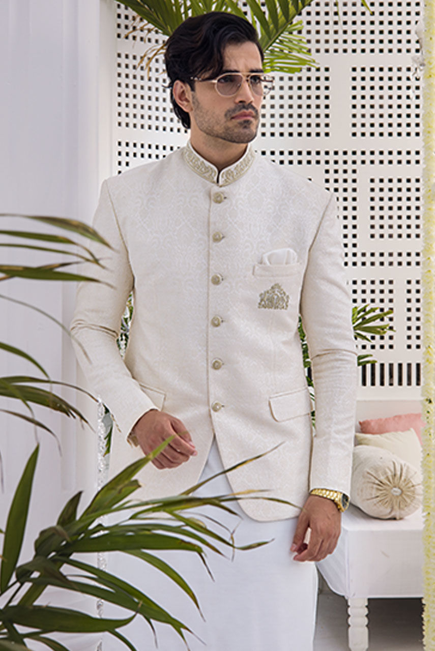 Off-White Hand-Embroidered Jamawar Prince Coat (3-Piece) - Image 2