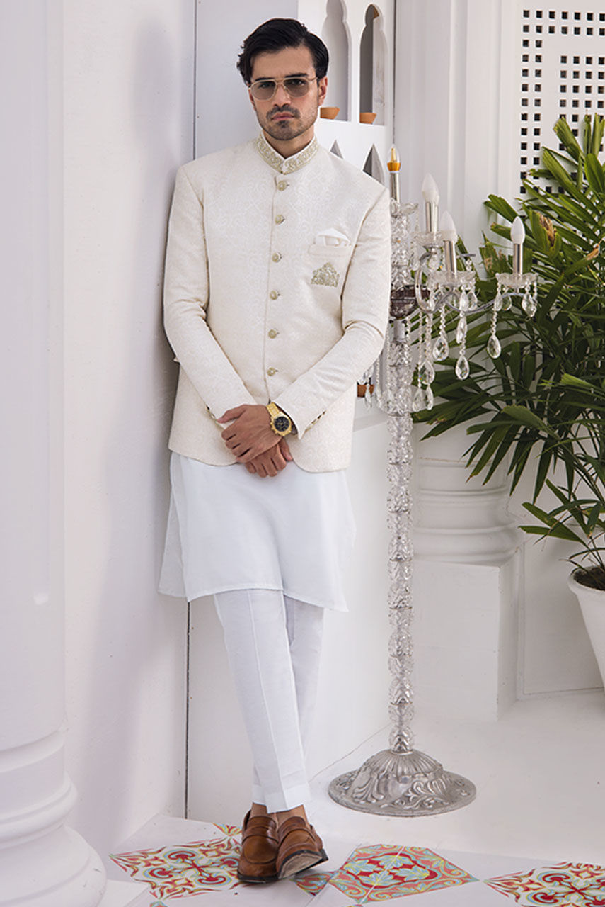 Off-White Hand-Embroidered Jamawar Prince Coat (3-Piece) - Image 3