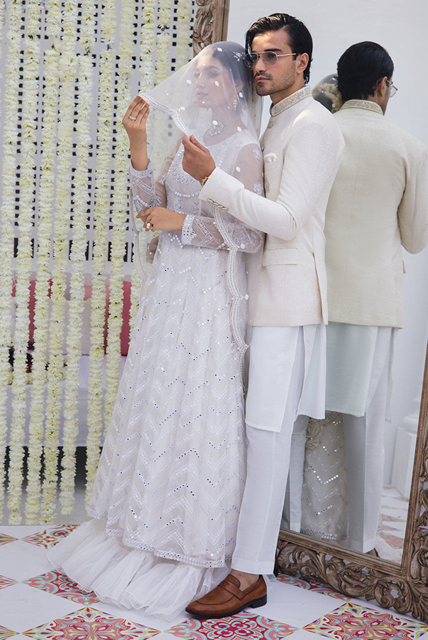 Off-White Hand-Embroidered Jamawar Prince Coat (3-Piece) - Image 4