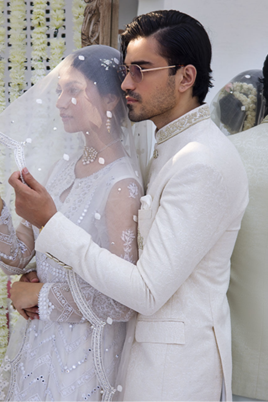 Off-White Hand-Embroidered Jamawar Prince Coat (3-Piece) - Image 5