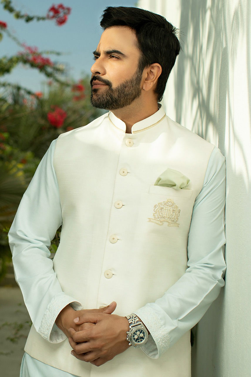 Off-White Hand-Embroidered Jamawar Prince Coat (3-Piece) - Image 7