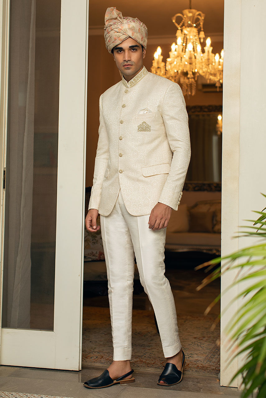 Off White Hand Embroidered Jamawar Prince Coat (2-Piece) - Image 1