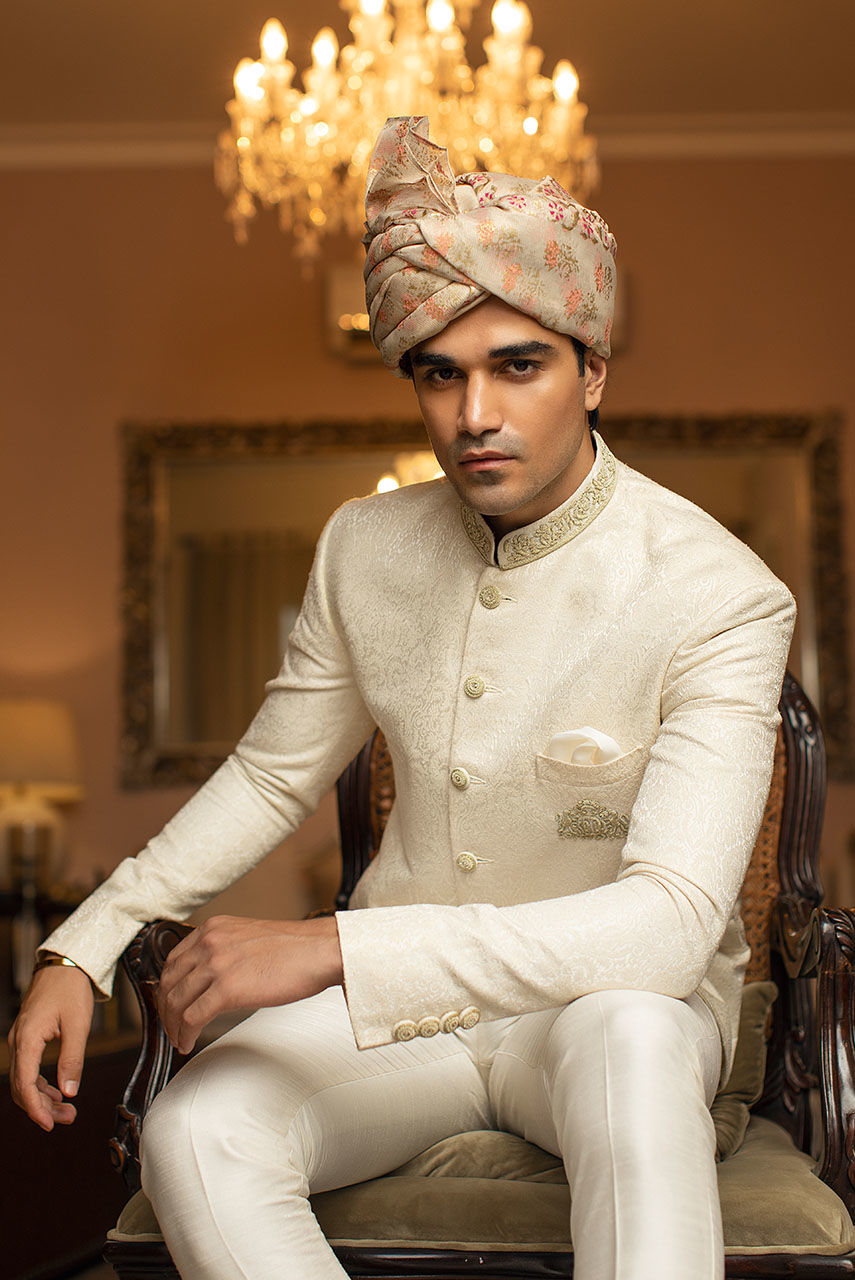 Off White Hand Embroidered Jamawar Prince Coat (2-Piece) - Image 2