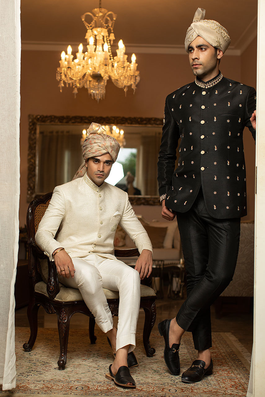 Off White Hand Embroidered Jamawar Prince Coat (2-Piece) - Image 4