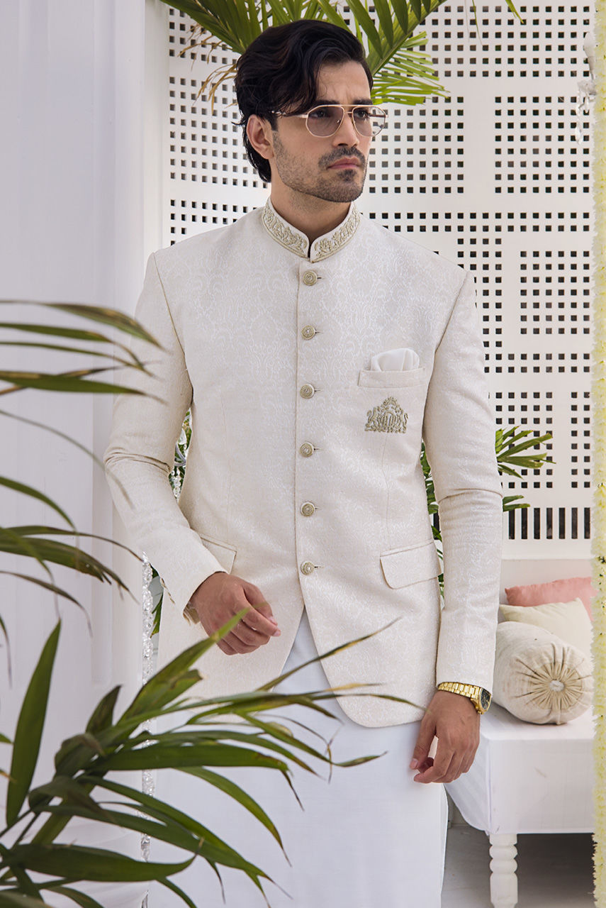 Off-White Hand Embroidered Jamawar Prince Coat (3-Piece) - Image 2