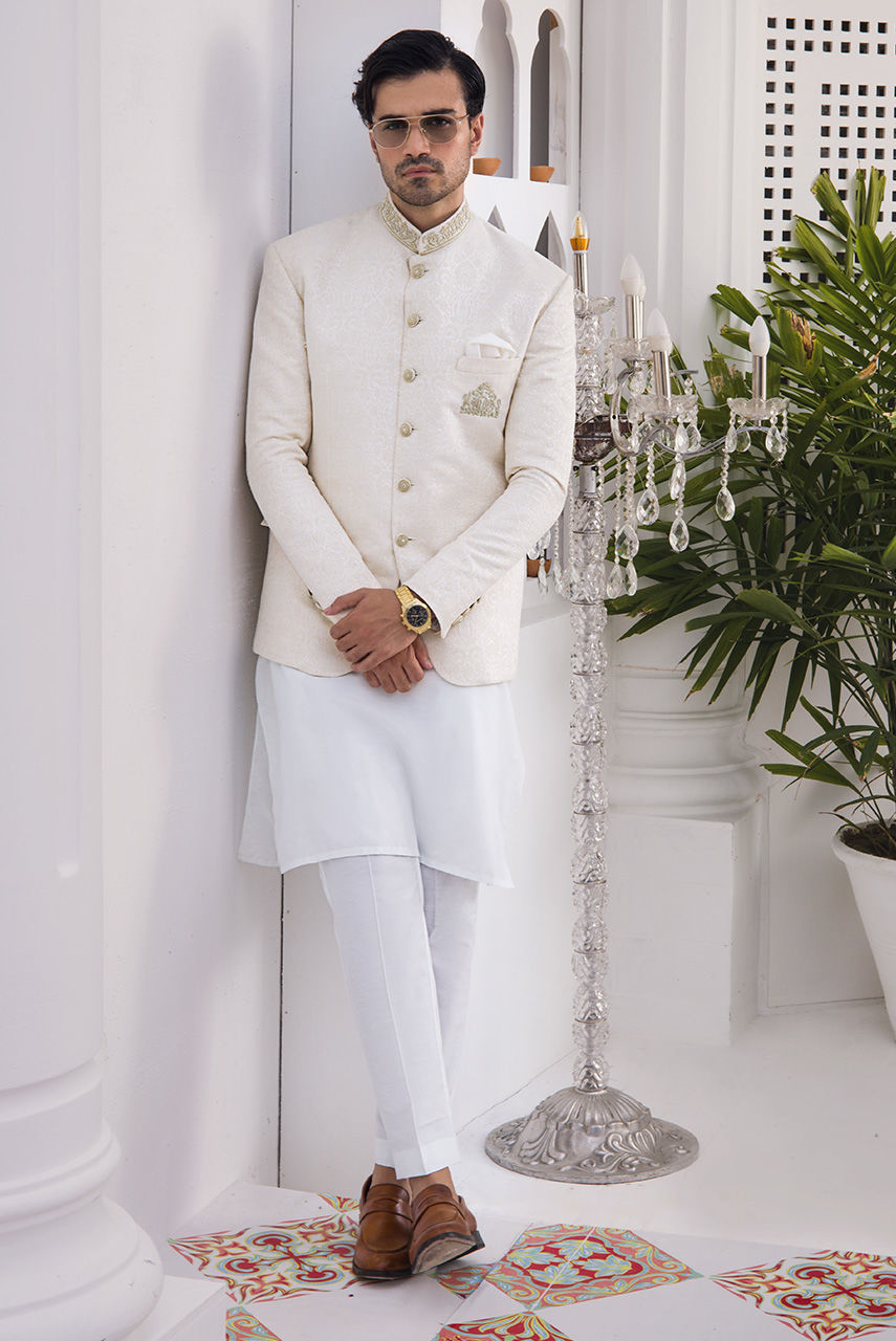 Off-White Hand Embroidered Jamawar Prince Coat (3-Piece) - Image 3