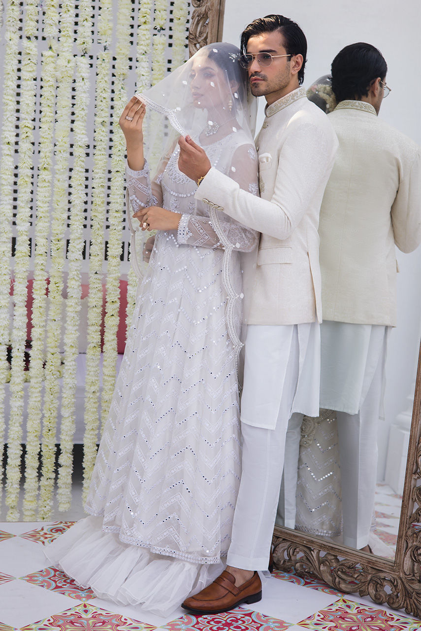 Off-White Hand Embroidered Jamawar Prince Coat (3-Piece) - Image 4