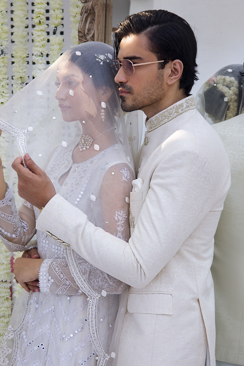 Off-White Hand Embroidered Jamawar Prince Coat (3-Piece) - Image 5