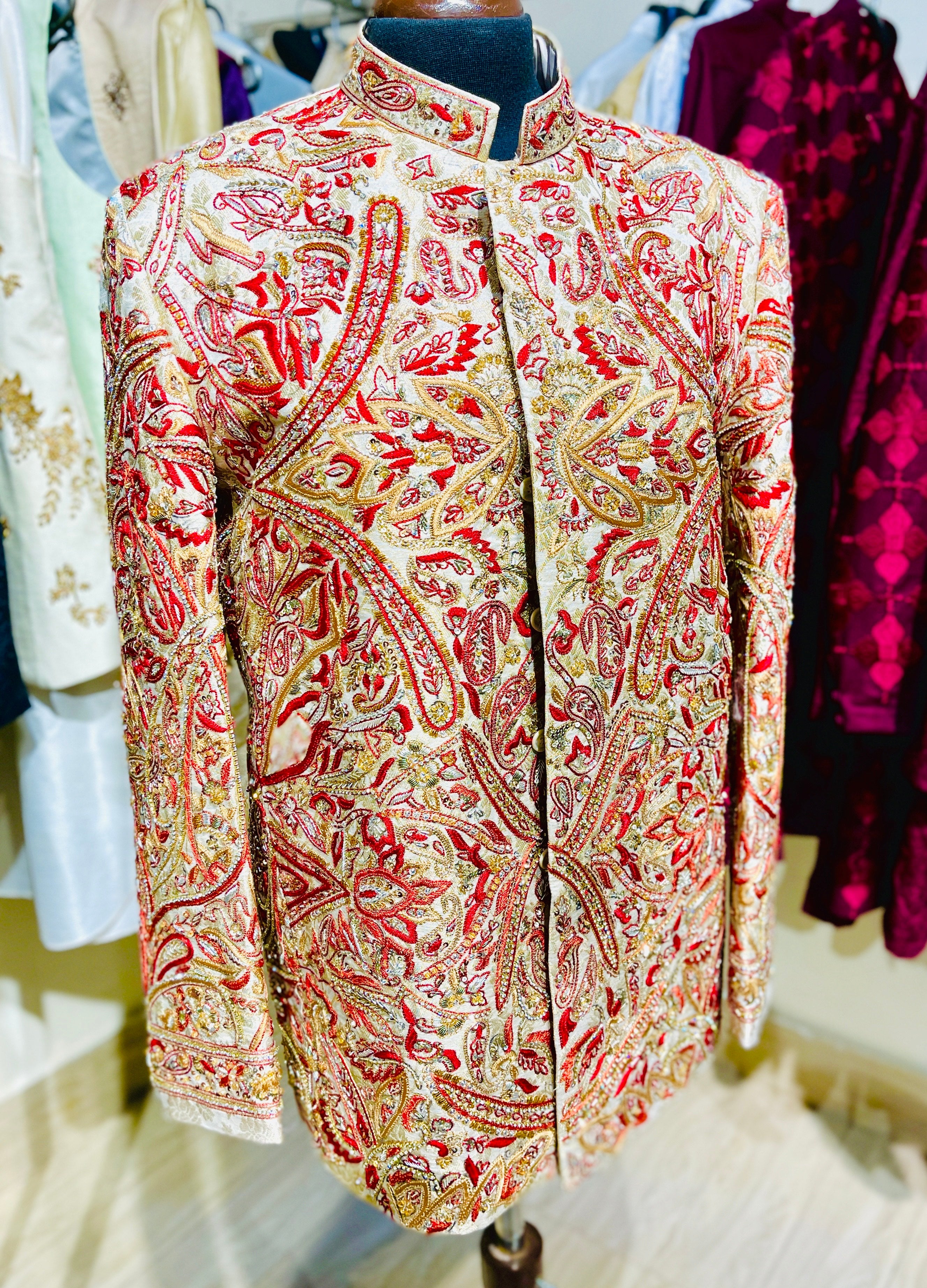 Ivory & Red Embroidered Jamawar Prince Coat (1-Pc) - Image 1