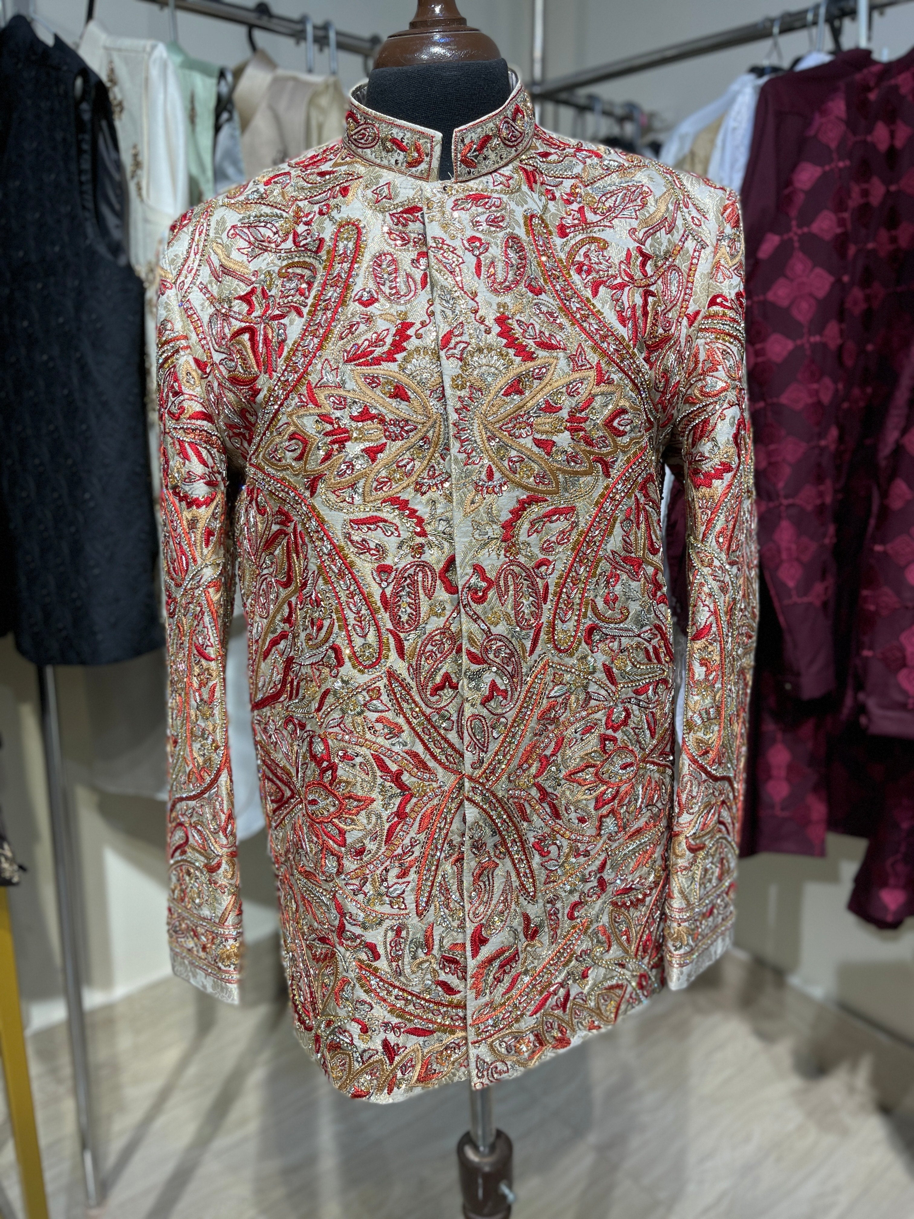 Ivory & Red Embroidered Jamawar Prince Coat (1-Pc) - Image 3